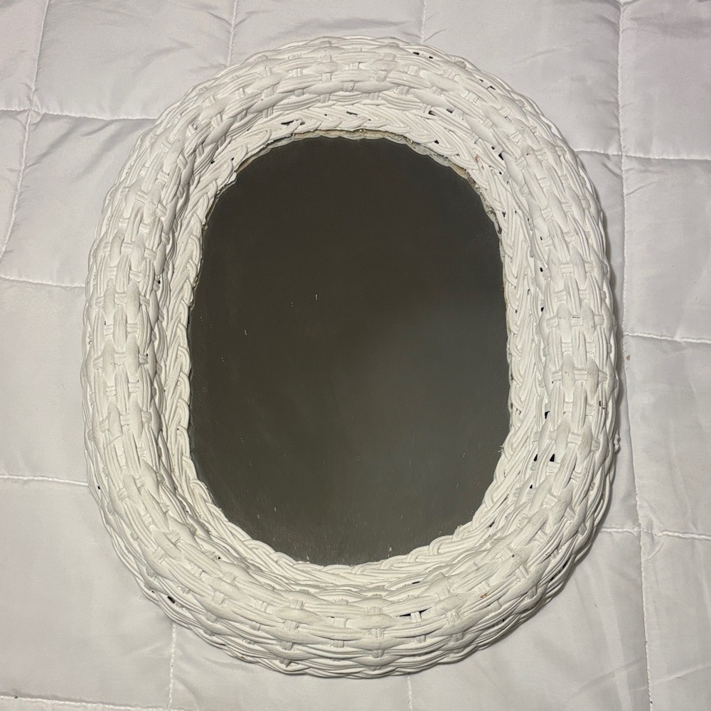 Vintage White Wicker Oval Mirror